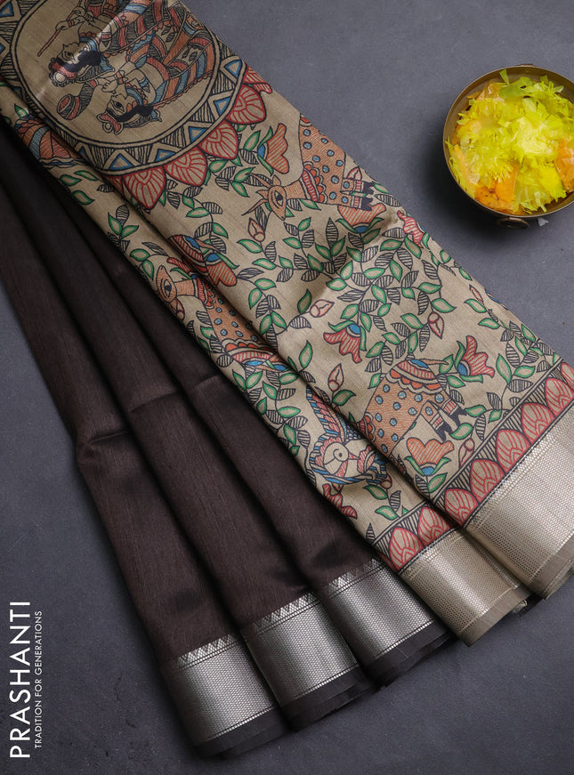 Semi dupion saree coffee brown with plain body and madhubani printed pallu & blouse