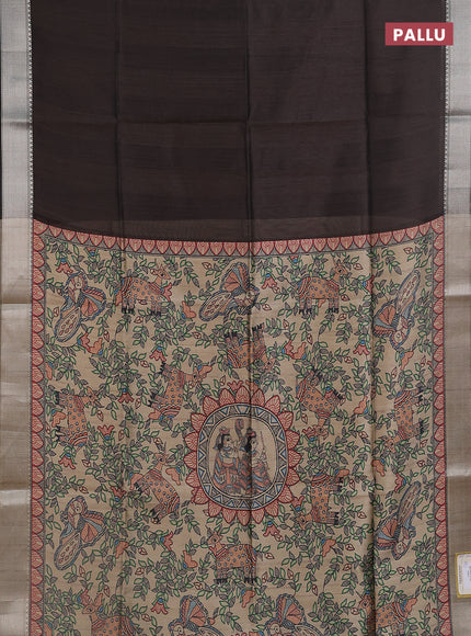 Semi dupion saree coffee brown with plain body and madhubani printed pallu & blouse