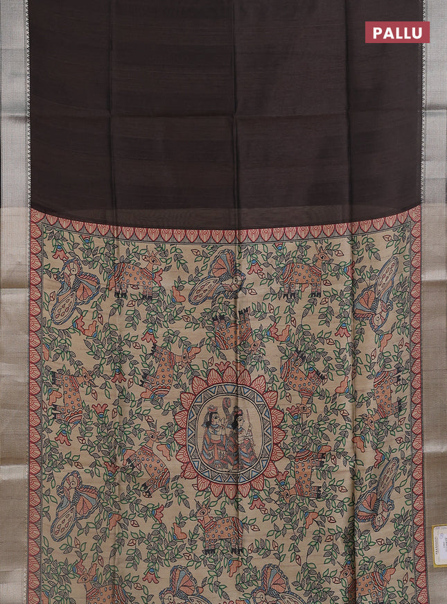 Semi dupion saree coffee brown with plain body and madhubani printed pallu & blouse
