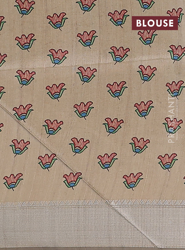 Semi dupion saree coffee brown with plain body and madhubani printed pallu & blouse
