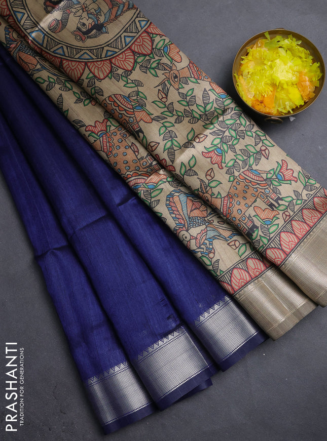 Semi dupion saree navy blue with plain body and madhubani printed pallu & blouse