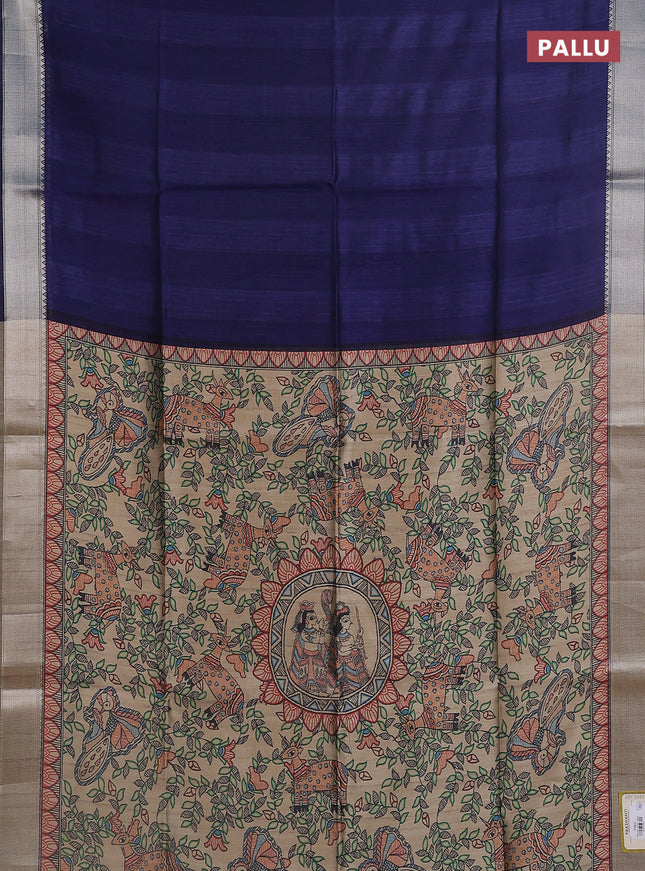 Semi dupion saree navy blue with plain body and madhubani printed pallu & blouse