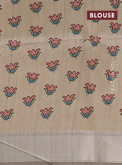 Semi dupion saree navy blue with plain body and madhubani printed pallu & blouse