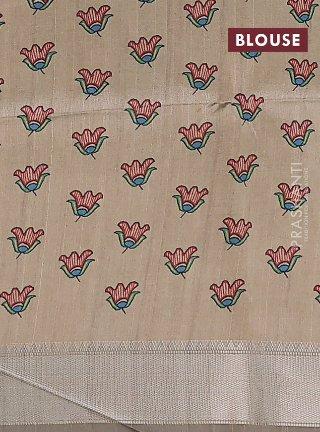 Semi dupion saree navy blue with plain body and madhubani printed pallu & blouse