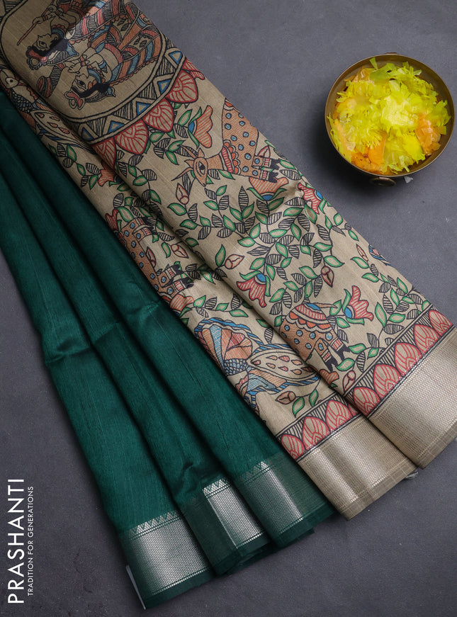 Semi dupion saree bottle green with plain body and madhubani printed pallu & blouse