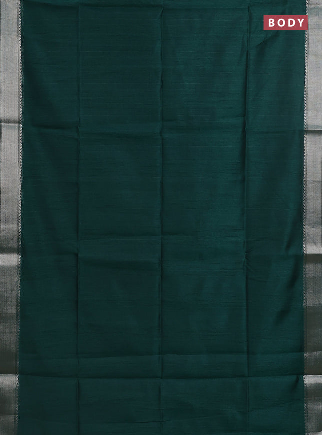 Semi dupion saree bottle green with plain body and madhubani printed pallu & blouse