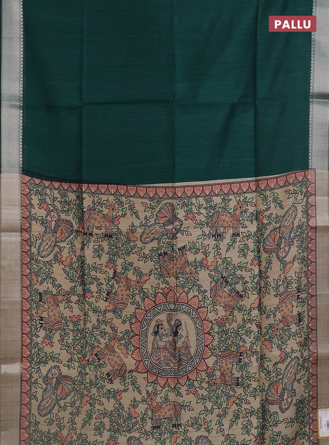 Semi dupion saree bottle green with plain body and madhubani printed pallu & blouse