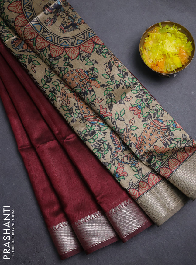 Semi dupion saree deep maroon with plain body and madhubani printed pallu & blouse