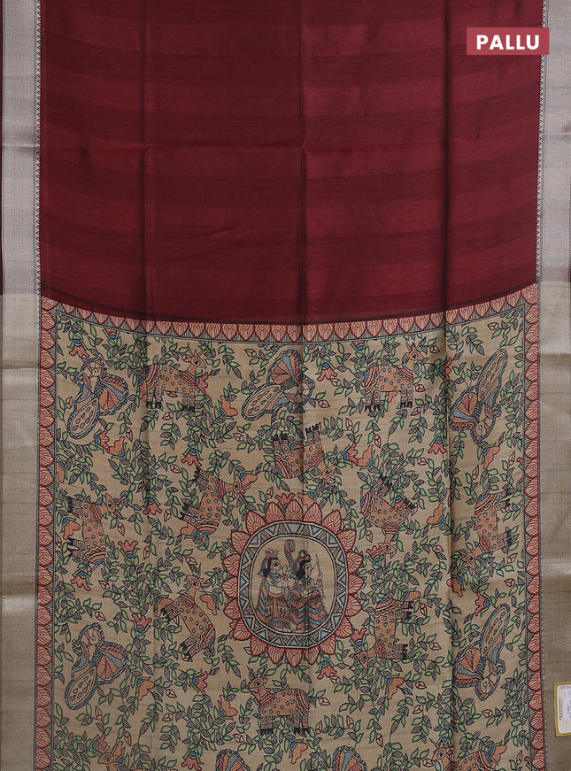Semi dupion saree deep maroon with plain body and madhubani printed pallu & blouse