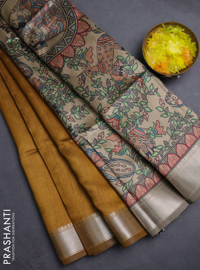 Semi dupion saree dark mustard with plain body and madhubani printed pallu & blouse