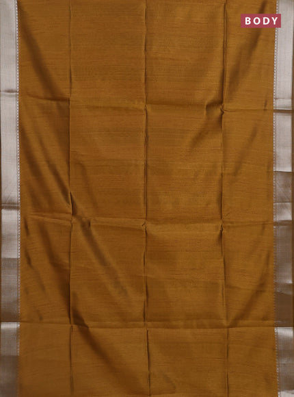 Semi dupion saree dark mustard with plain body and madhubani printed pallu & blouse