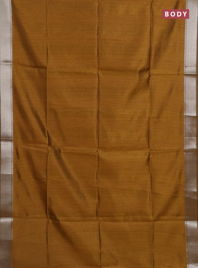 Semi dupion saree dark mustard with plain body and madhubani printed pallu & blouse
