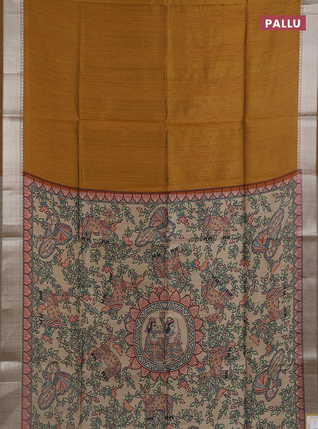 Semi dupion saree dark mustard with plain body and madhubani printed pallu & blouse