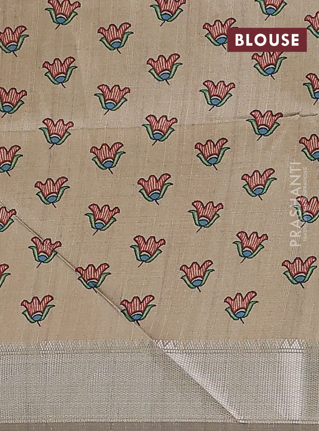 Semi dupion saree dark mustard with plain body and madhubani printed pallu & blouse