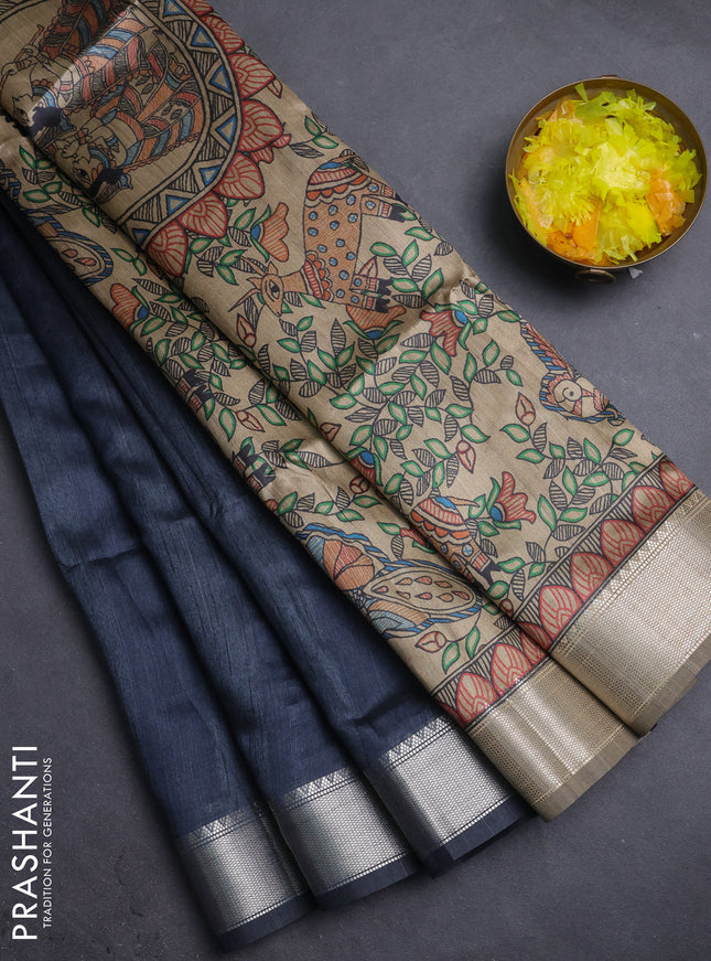 Semi dupion saree grey with plain body and madhubani printed pallu & blouse