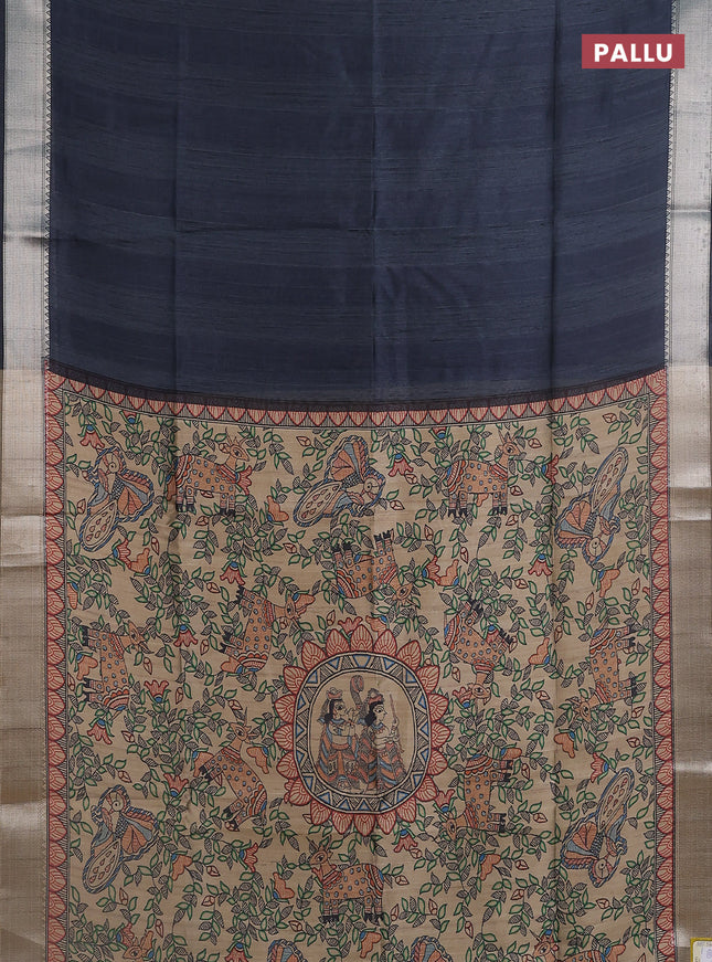Semi dupion saree grey with plain body and madhubani printed pallu & blouse