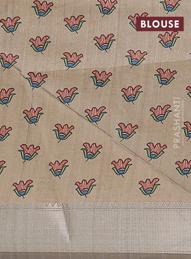 Semi dupion saree grey with plain body and madhubani printed pallu & blouse