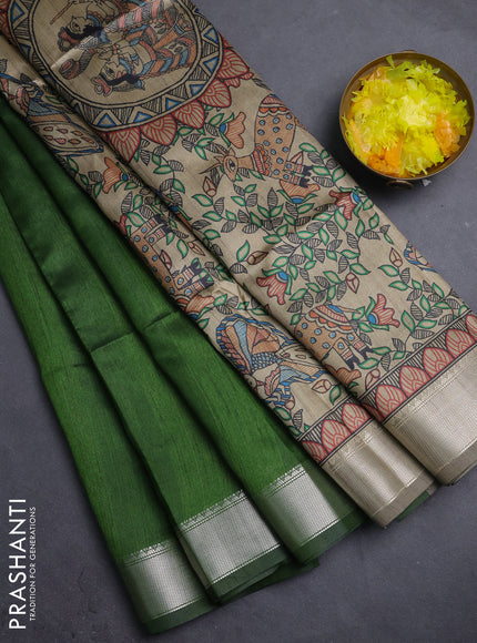 Semi dupion saree light green with plain body and madhubani printed pallu & blouse
