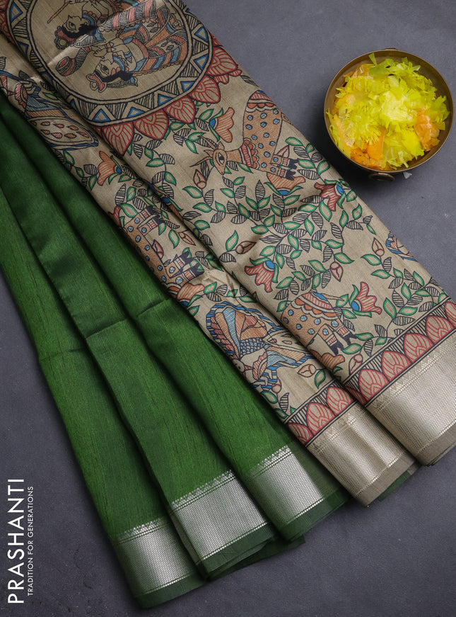 Semi dupion saree light green with plain body and madhubani printed pallu & blouse
