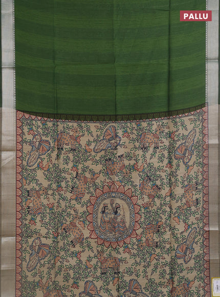 Semi dupion saree light green with plain body and madhubani printed pallu & blouse