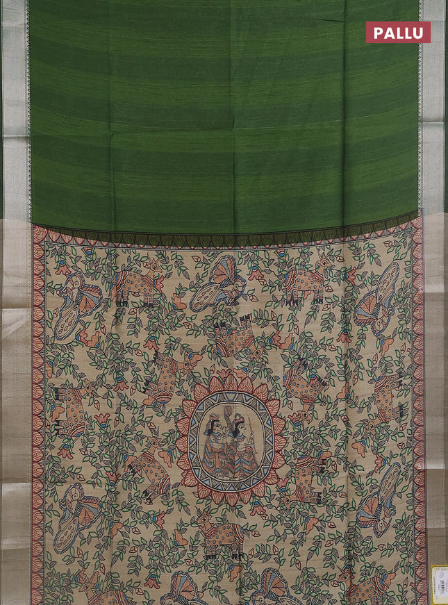 Semi dupion saree light green with plain body and madhubani printed pallu & blouse