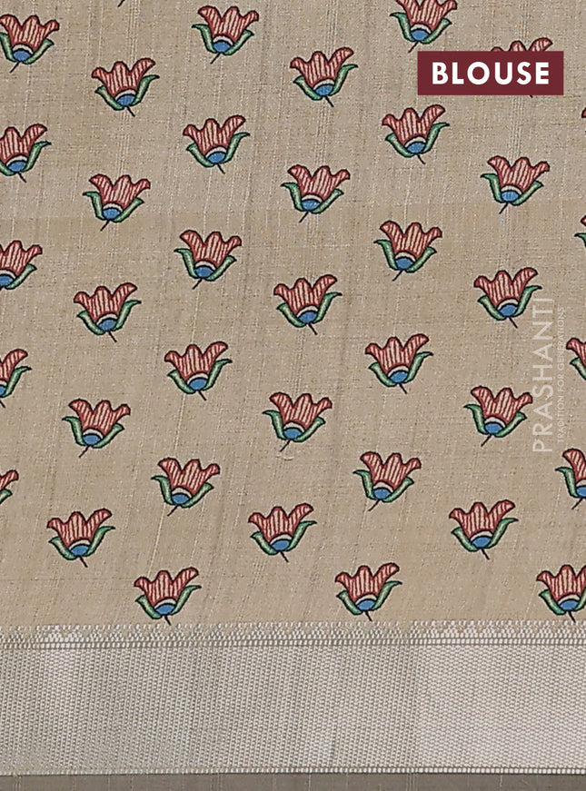Semi dupion saree light green with plain body and madhubani printed pallu & blouse