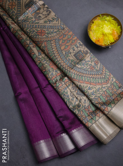 Semi dupion saree purple with plain body and madhubani printed pallu & blouse