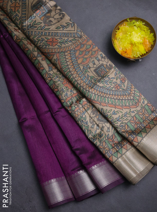 Semi dupion saree purple with plain body and madhubani printed pallu & blouse