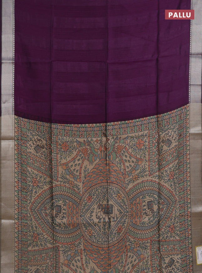 Semi dupion saree purple with plain body and madhubani printed pallu & blouse