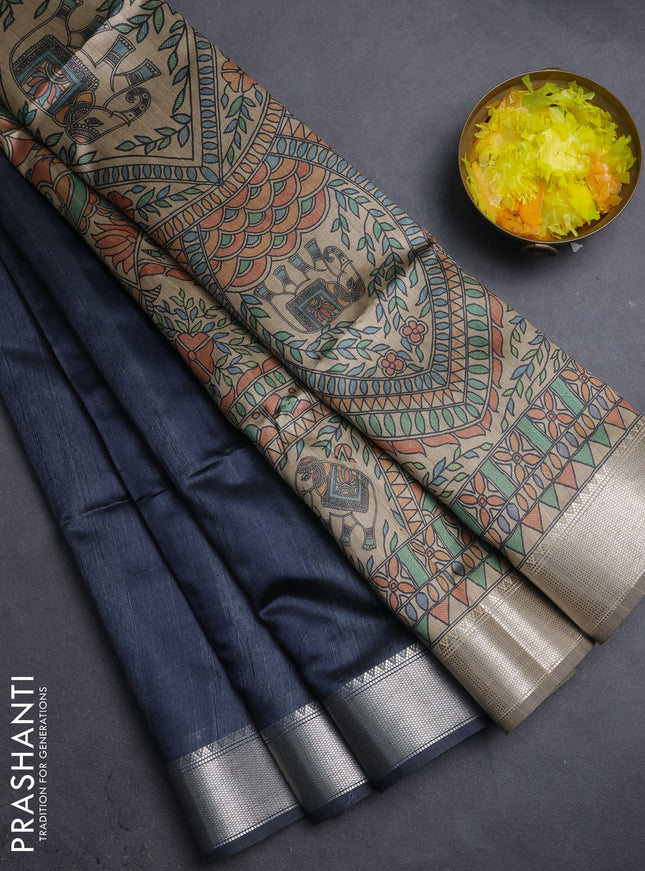 Semi dupion saree grey with plain body and madhubani printed pallu & blouse
