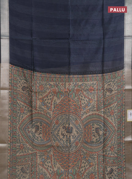 Semi dupion saree grey with plain body and madhubani printed pallu & blouse