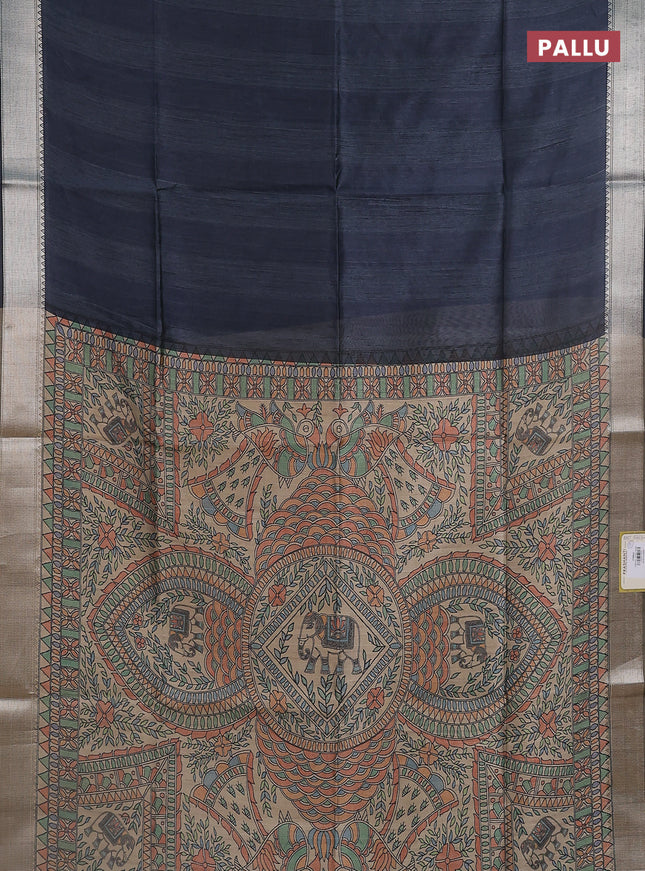 Semi dupion saree grey with plain body and madhubani printed pallu & blouse