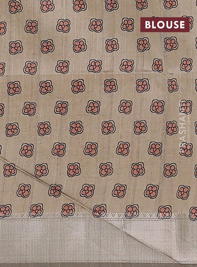 Semi dupion saree grey with plain body and madhubani printed pallu & blouse