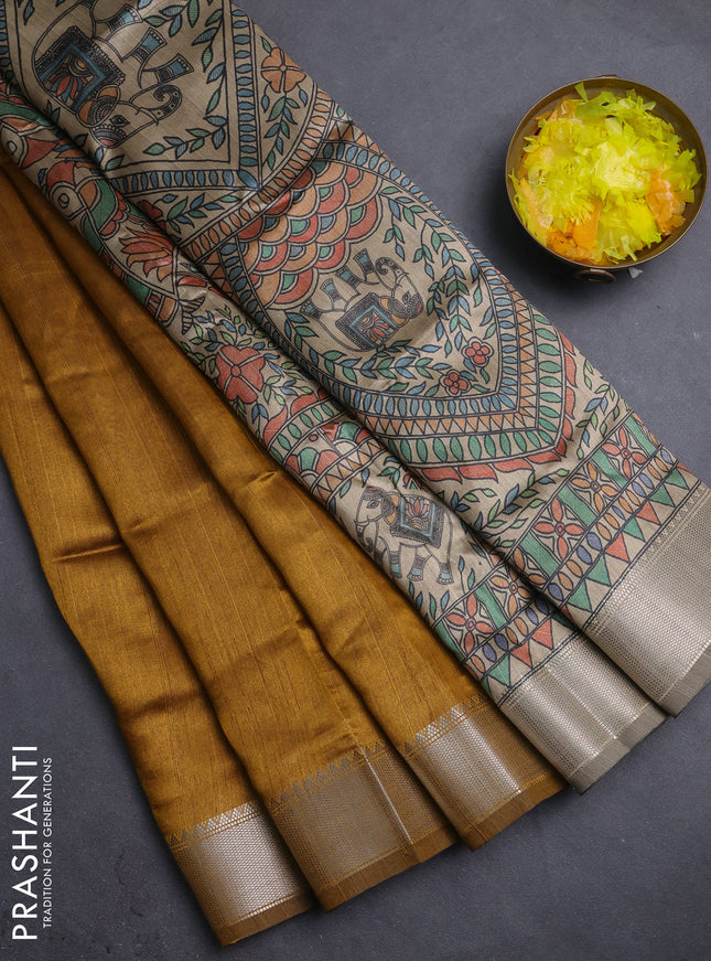 Semi dupion saree dark mustard with plain body and madhubani printed pallu & blouse