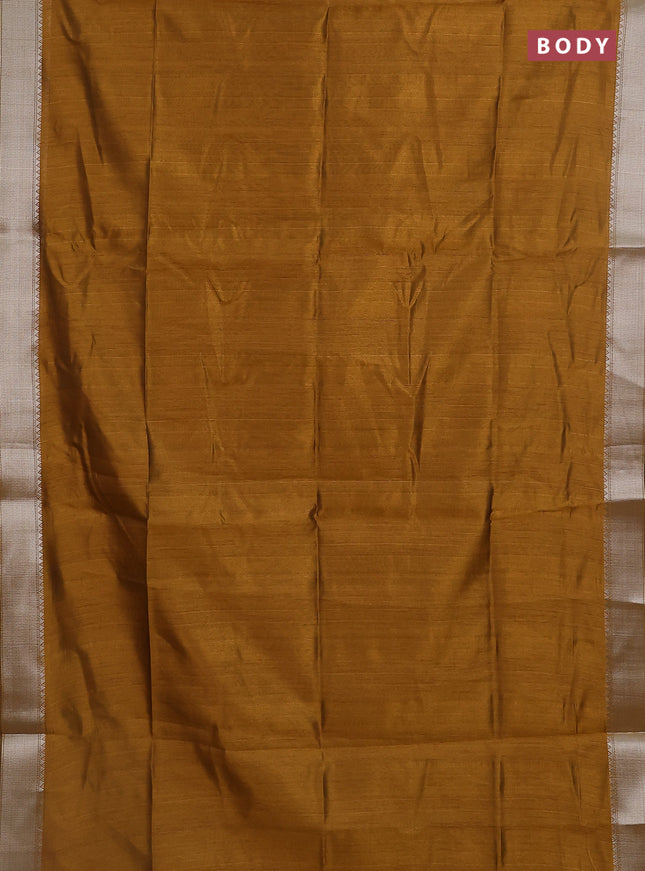 Semi dupion saree dark mustard with plain body and madhubani printed pallu & blouse