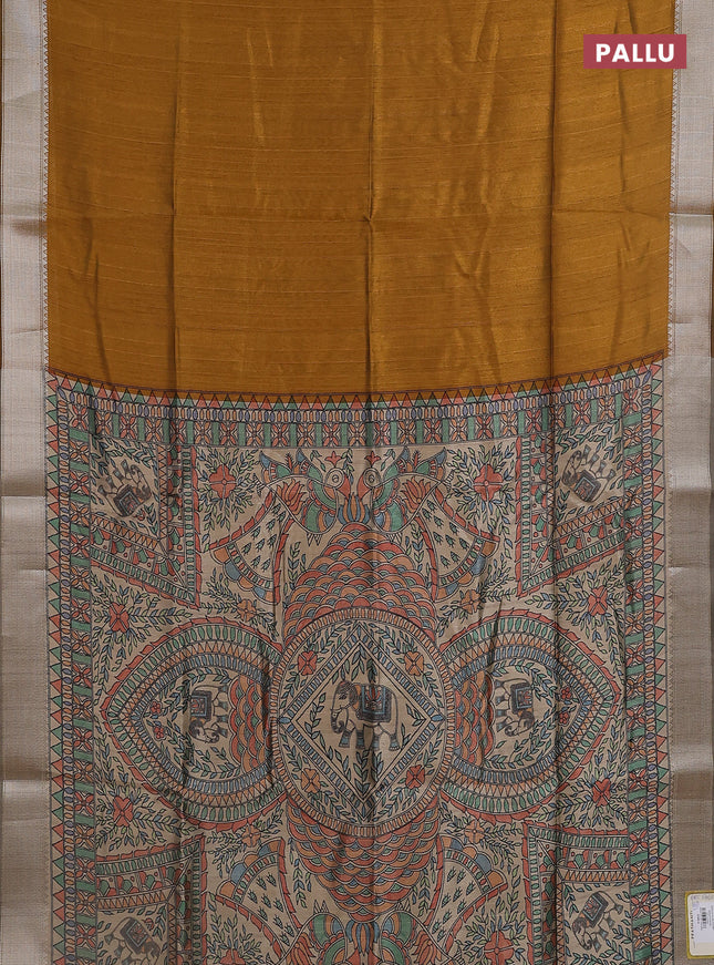 Semi dupion saree dark mustard with plain body and madhubani printed pallu & blouse
