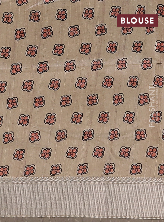 Semi dupion saree dark mustard with plain body and madhubani printed pallu & blouse