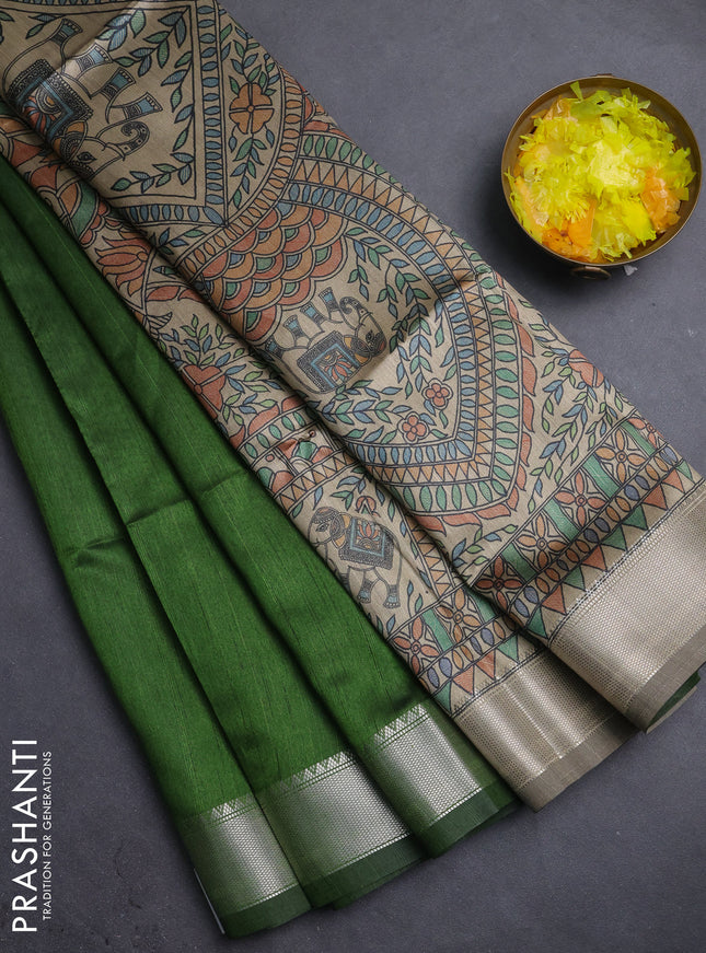 Semi dupion saree light green with plain body and madhubani printed pallu & blouse