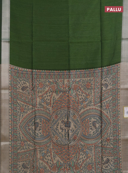 Semi dupion saree light green with plain body and madhubani printed pallu & blouse