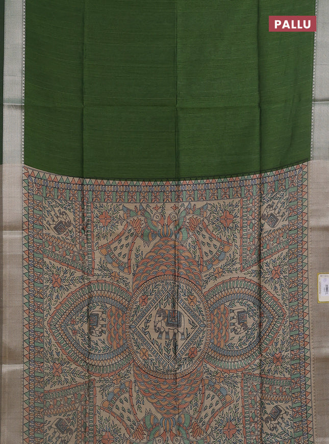 Semi dupion saree light green with plain body and madhubani printed pallu & blouse