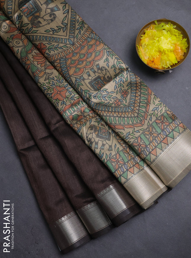 Semi dupion saree coffee brown with plain body and madhubani printed pallu & blouse