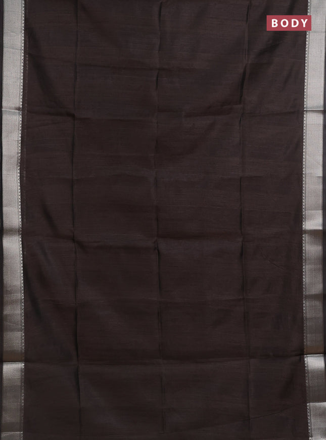Semi dupion saree coffee brown with plain body and madhubani printed pallu & blouse