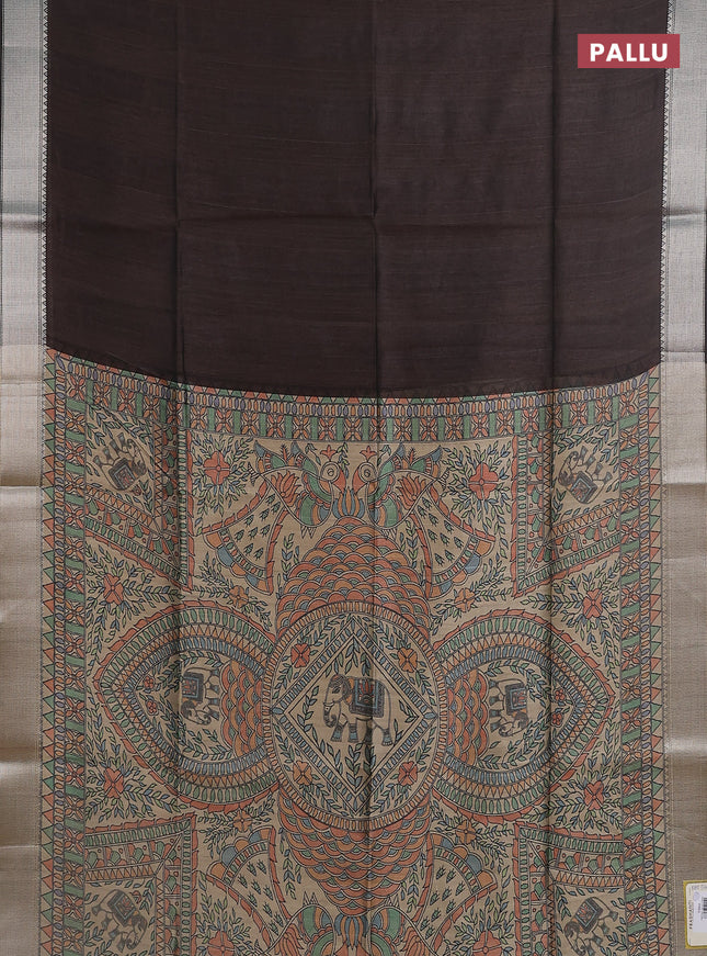 Semi dupion saree coffee brown with plain body and madhubani printed pallu & blouse