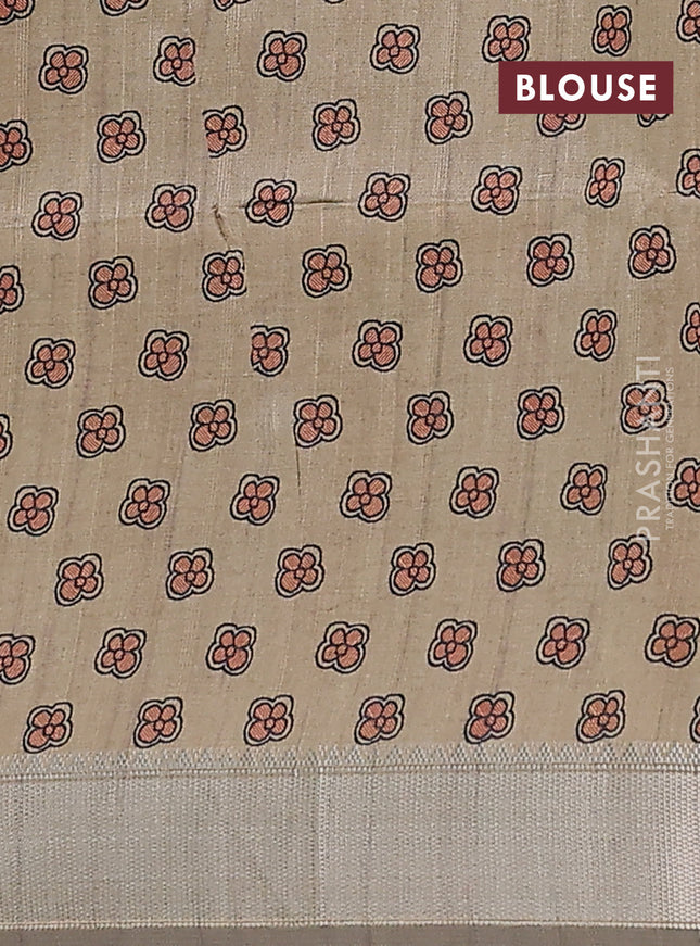 Semi dupion saree coffee brown with plain body and madhubani printed pallu & blouse
