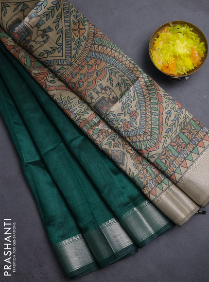 Semi dupion saree bottle green with plain body and madhubani printed pallu & blouse