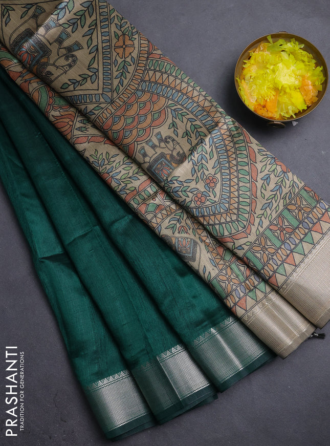 Semi dupion saree bottle green with plain body and madhubani printed pallu & blouse