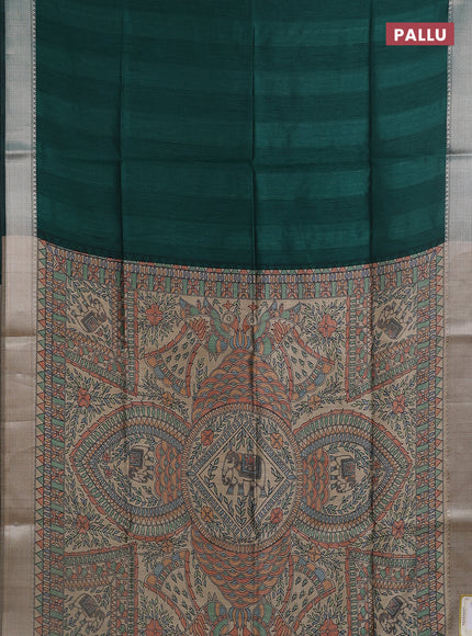 Semi dupion saree bottle green with plain body and madhubani printed pallu & blouse