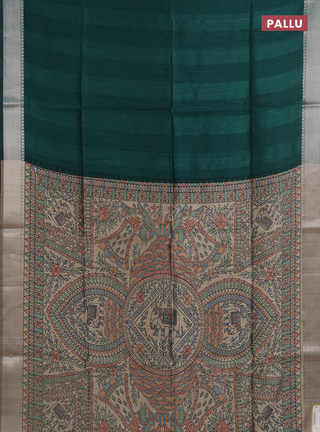 Semi dupion saree bottle green with plain body and madhubani printed pallu & blouse