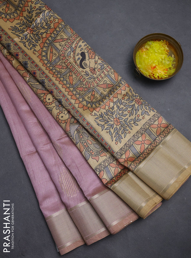 Semi dupion saree peach pink with zari woven buttas and madhubani printed pallu & blouse