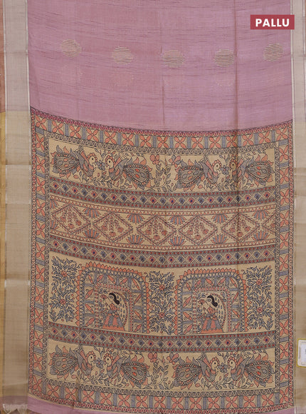 Semi dupion saree peach pink with zari woven buttas and madhubani printed pallu & blouse